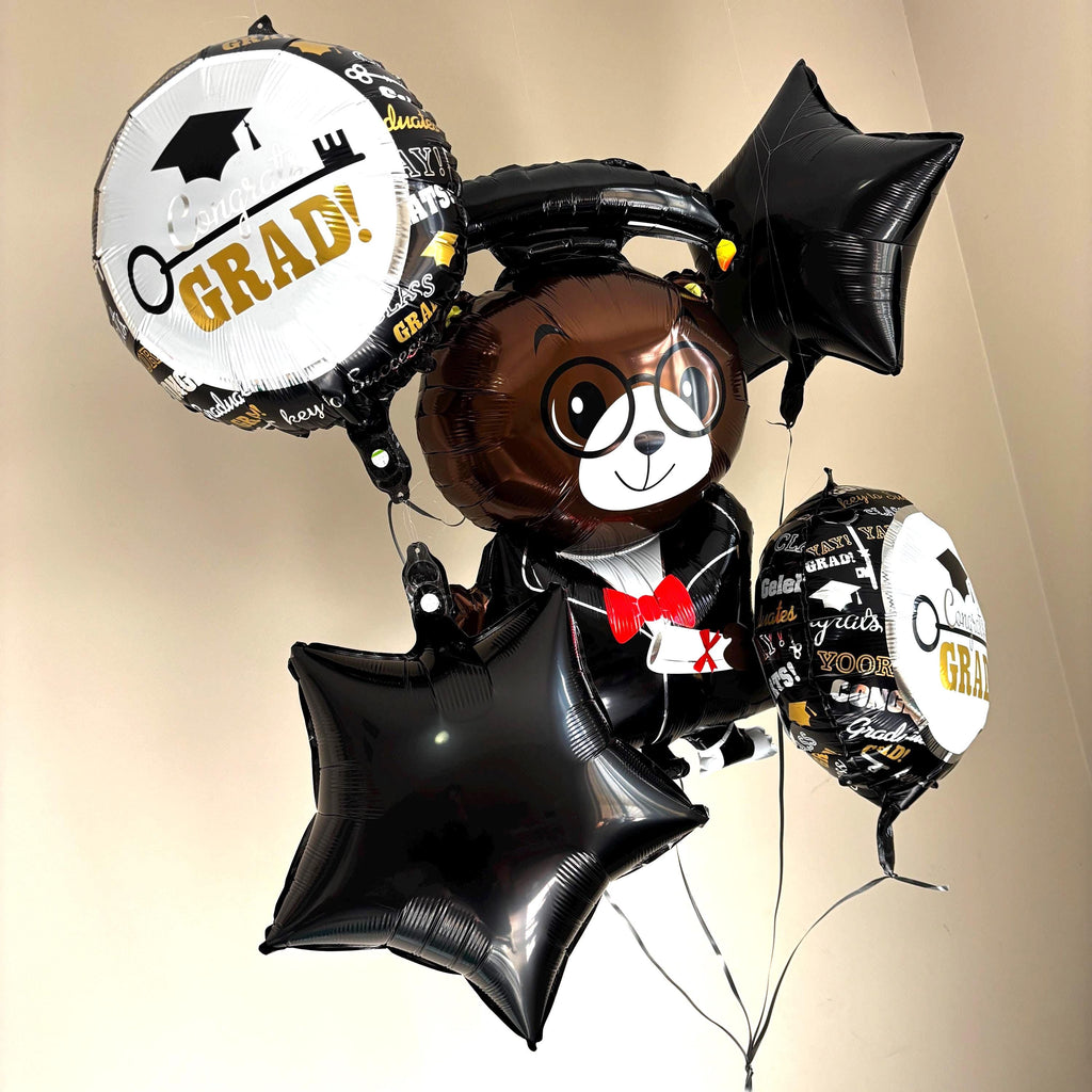 Graduation Bear Balloon Bouquet | Black Gold Congrats Grad Decor Kit