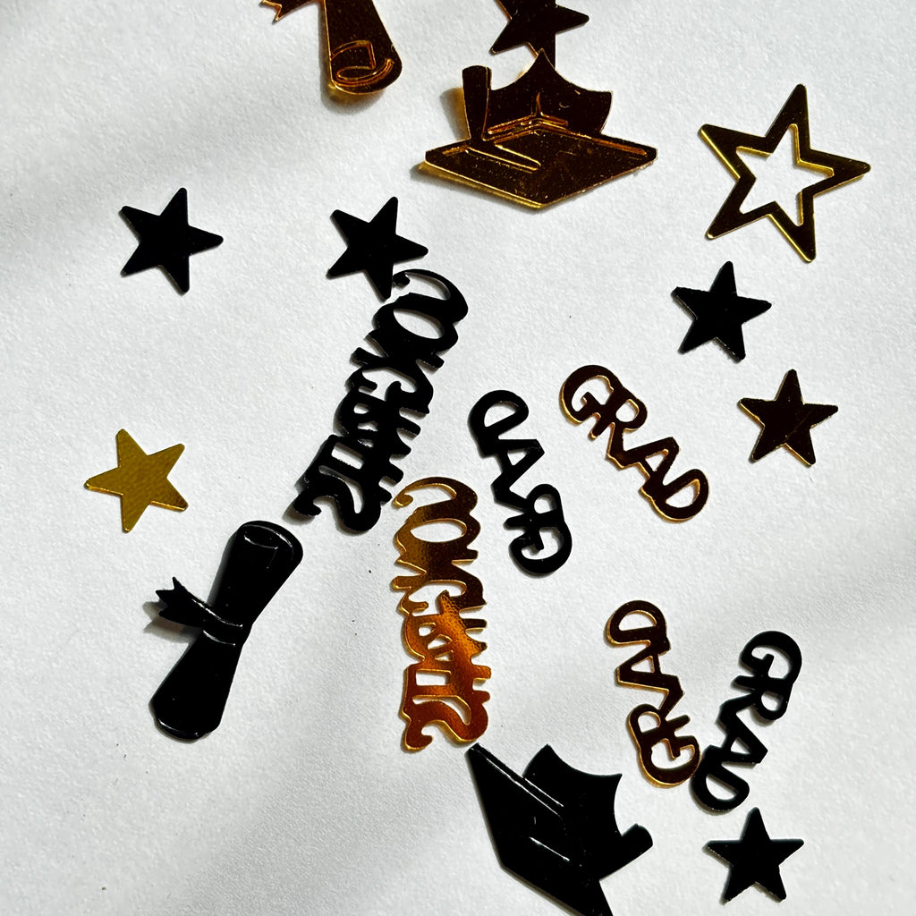 Black & Gold Graduation Confetti | GRAD  and Congrats Table Scatter | Graduation Party Decorations | Caps, Stars  and Diploma Confetti