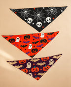 Halloween Dog Bandana, Tie-On Pet Scarf for Dogs & Cats, Pumpkin Ghost Skull Costume Accessory, 3 Spooky Prints