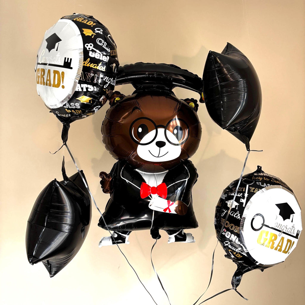 Graduation Bear Balloon Bouquet | Black Gold Congrats Grad Decor Kit