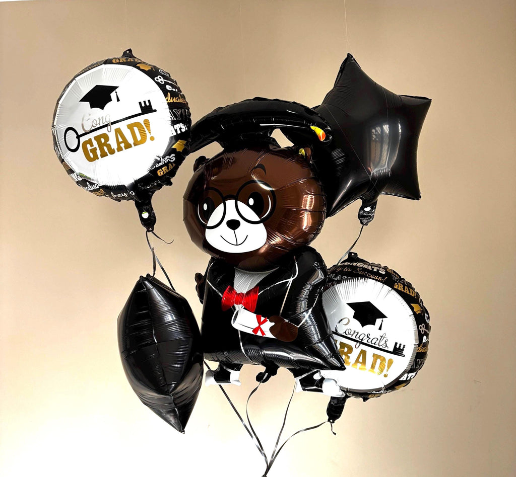 Graduation Bear Balloon Bouquet | Black Gold Congrats Grad Decor Kit
