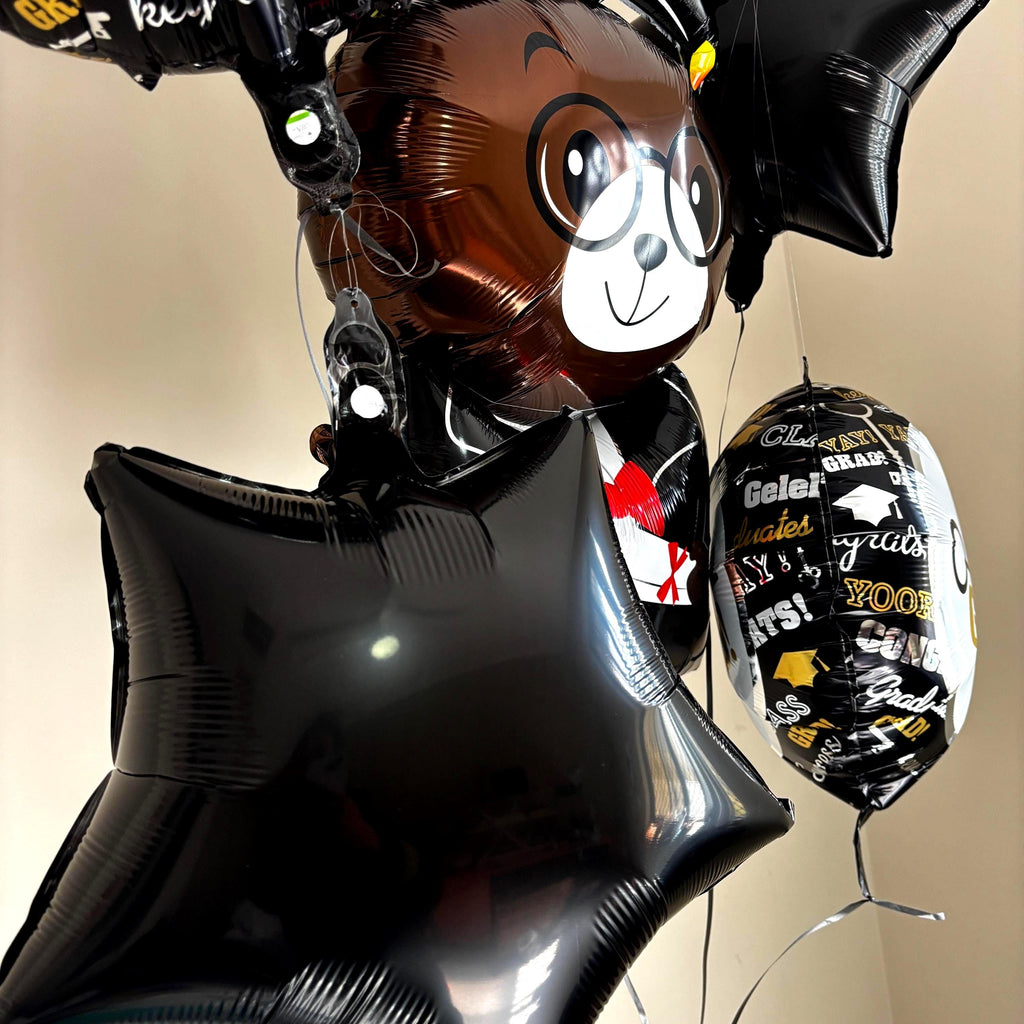 Graduation Bear Balloon Bouquet | Black Gold Congrats Grad Decor Kit
