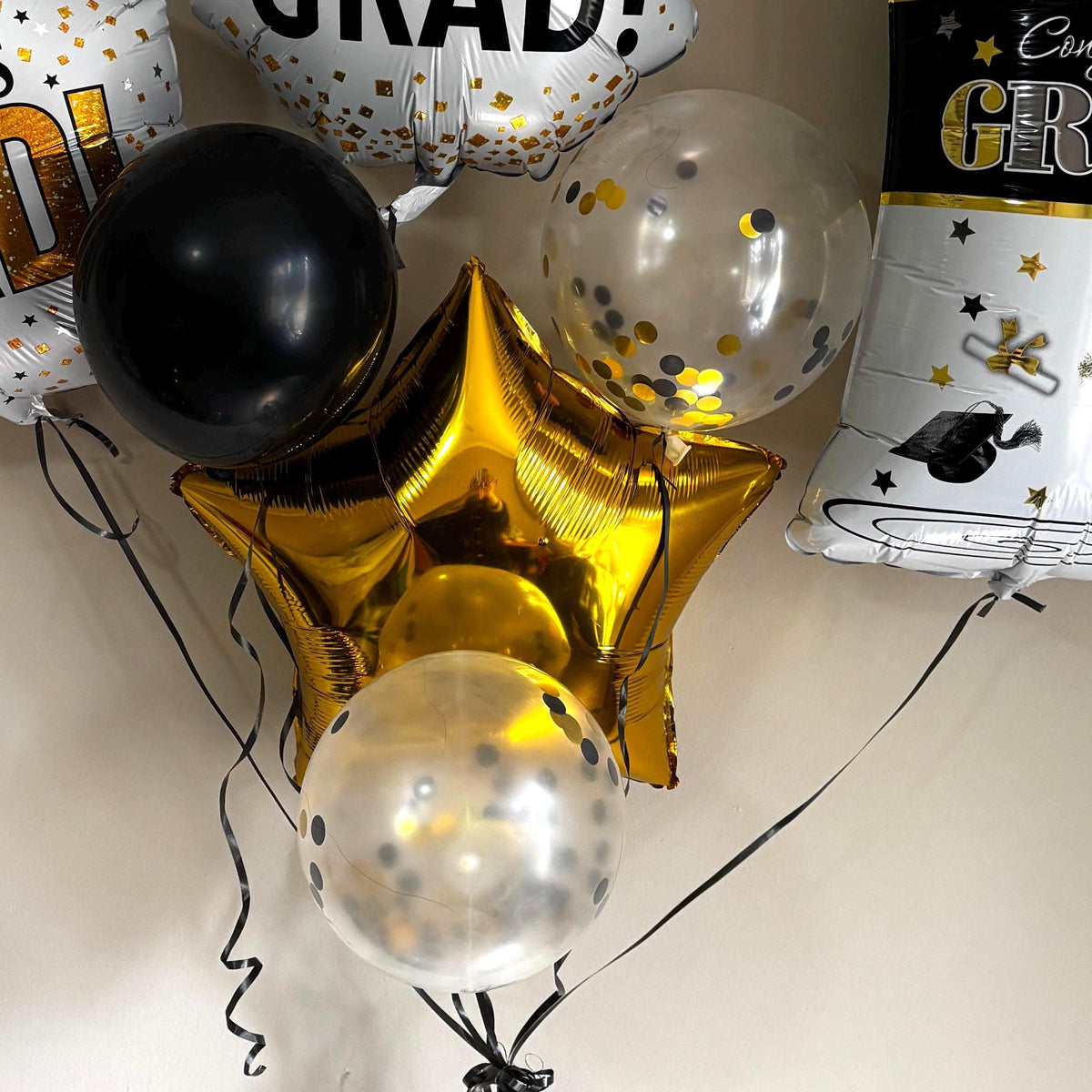 Congrats Grad Balloons Bouquet | Black Gold Confetti Graduation Party Kit | DIY Graduation Balloon Kit