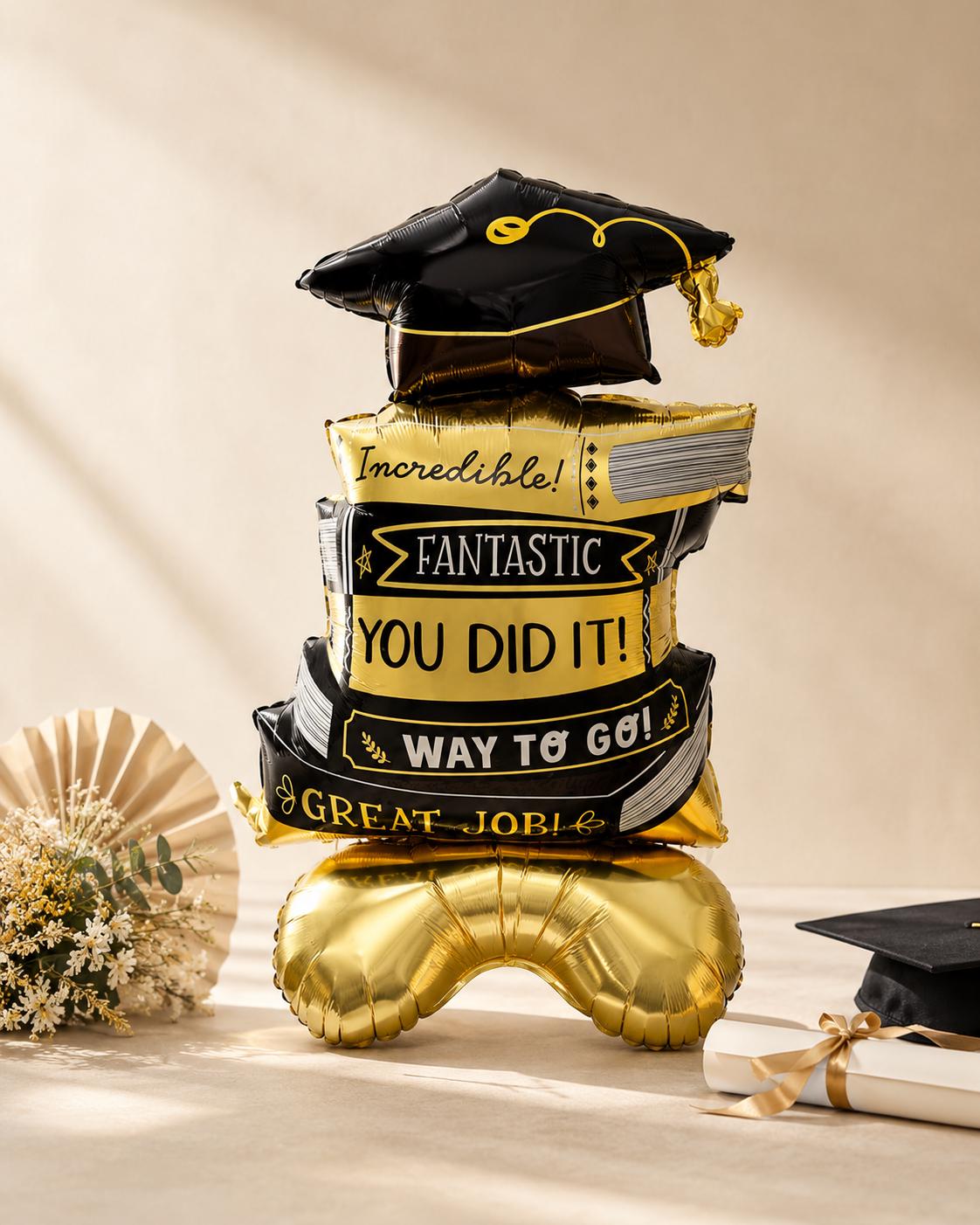 Graduation Books Balloon, You Did It Foil Balloon, Black Gold Grad Party Decor, Graduation Cap Book Stack