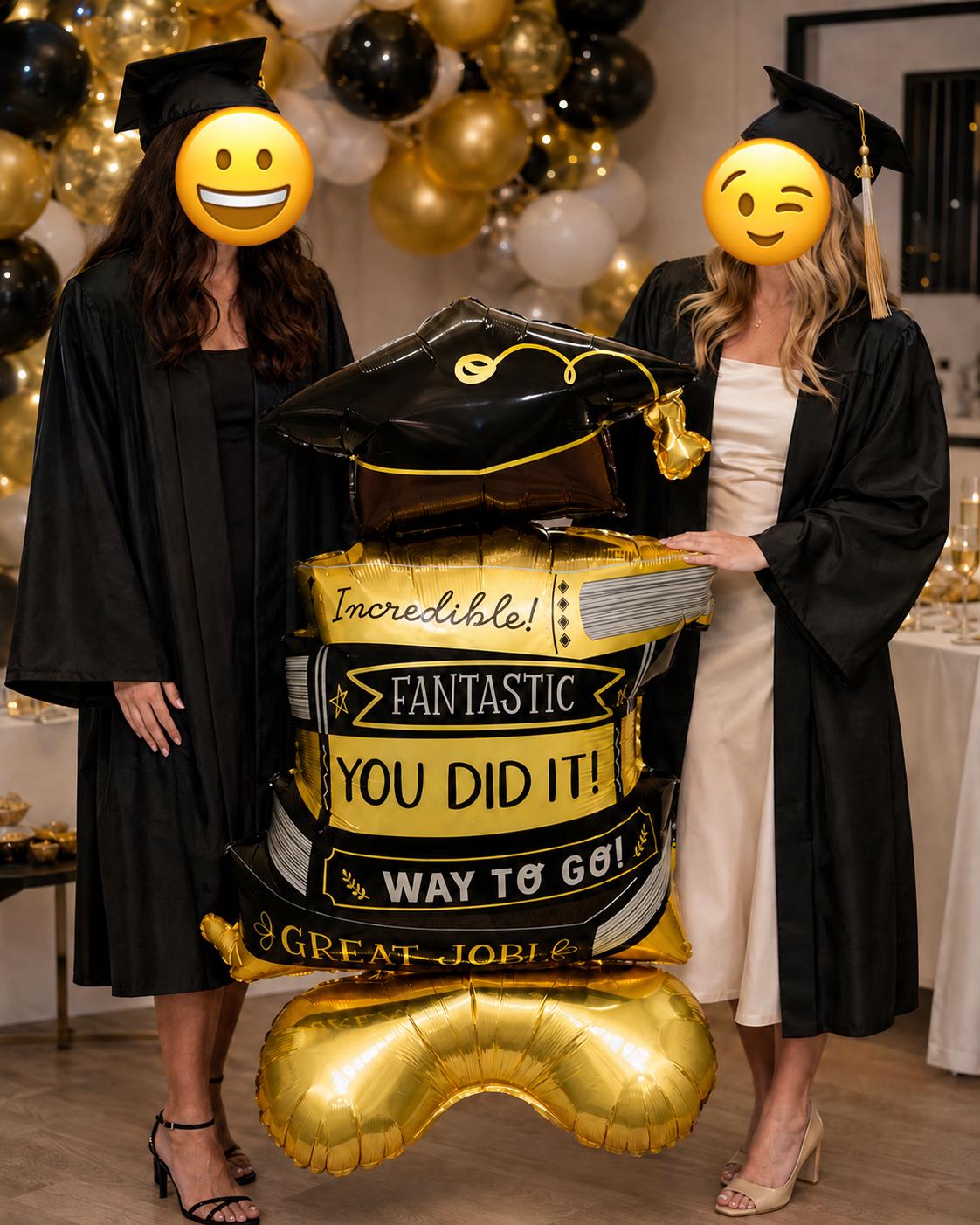Graduation Books Balloon, You Did It Foil Balloon, Black Gold Grad Party Decor, Graduation Cap Book Stack