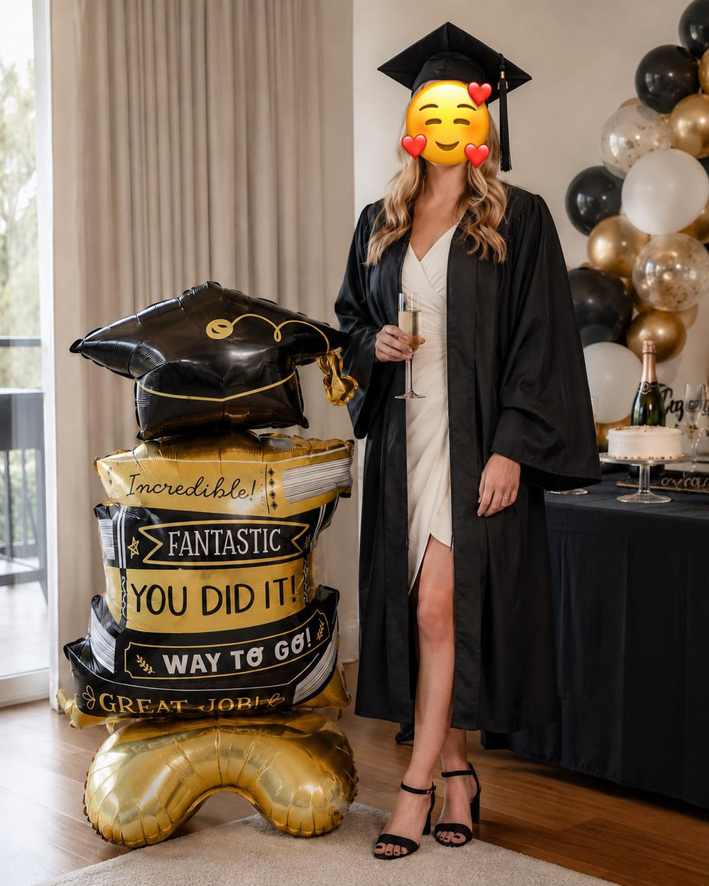 Graduation Books Balloon, You Did It Foil Balloon, Black Gold Grad Party Decor, Graduation Cap Book Stack