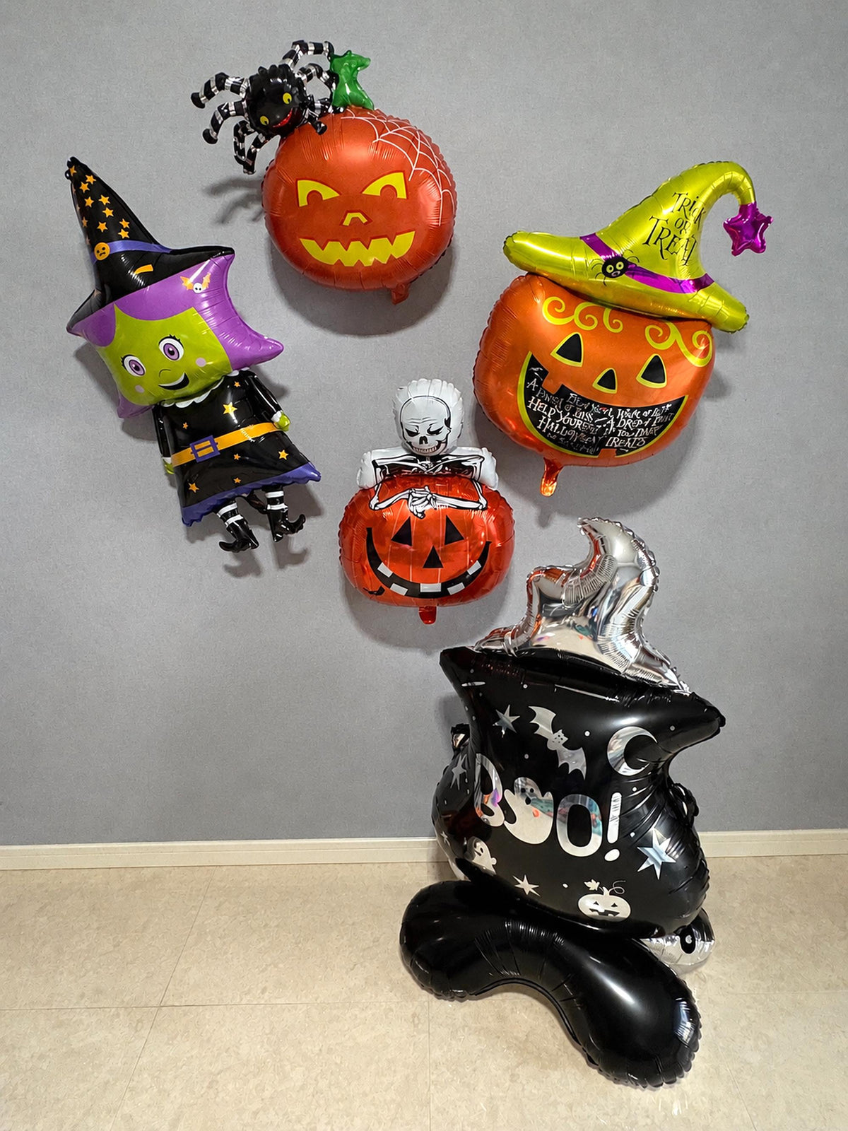 Halloween Foil Balloons, Standing Pumpkin, Witch, Skeleton, Spider Decorations (Set of 5)