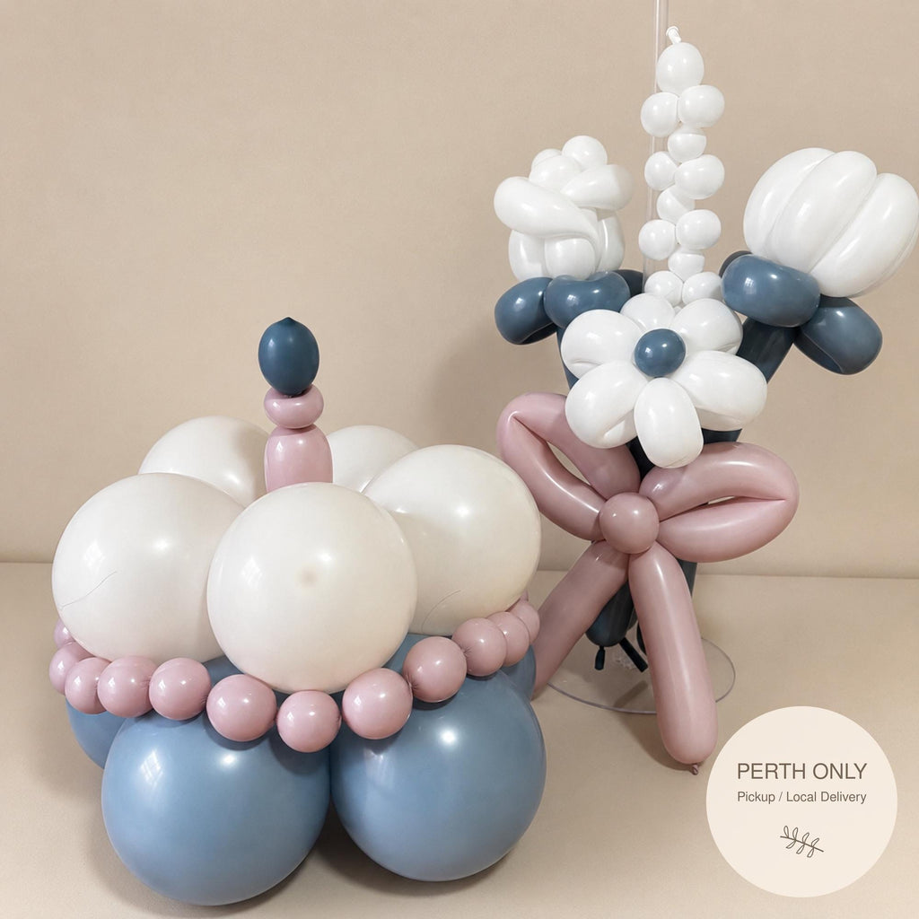 Handmade Retro Balloon Cake & Bouquet | Blue Pink White Birthday Party Decor | Personalised Balloon Gift (Perth)