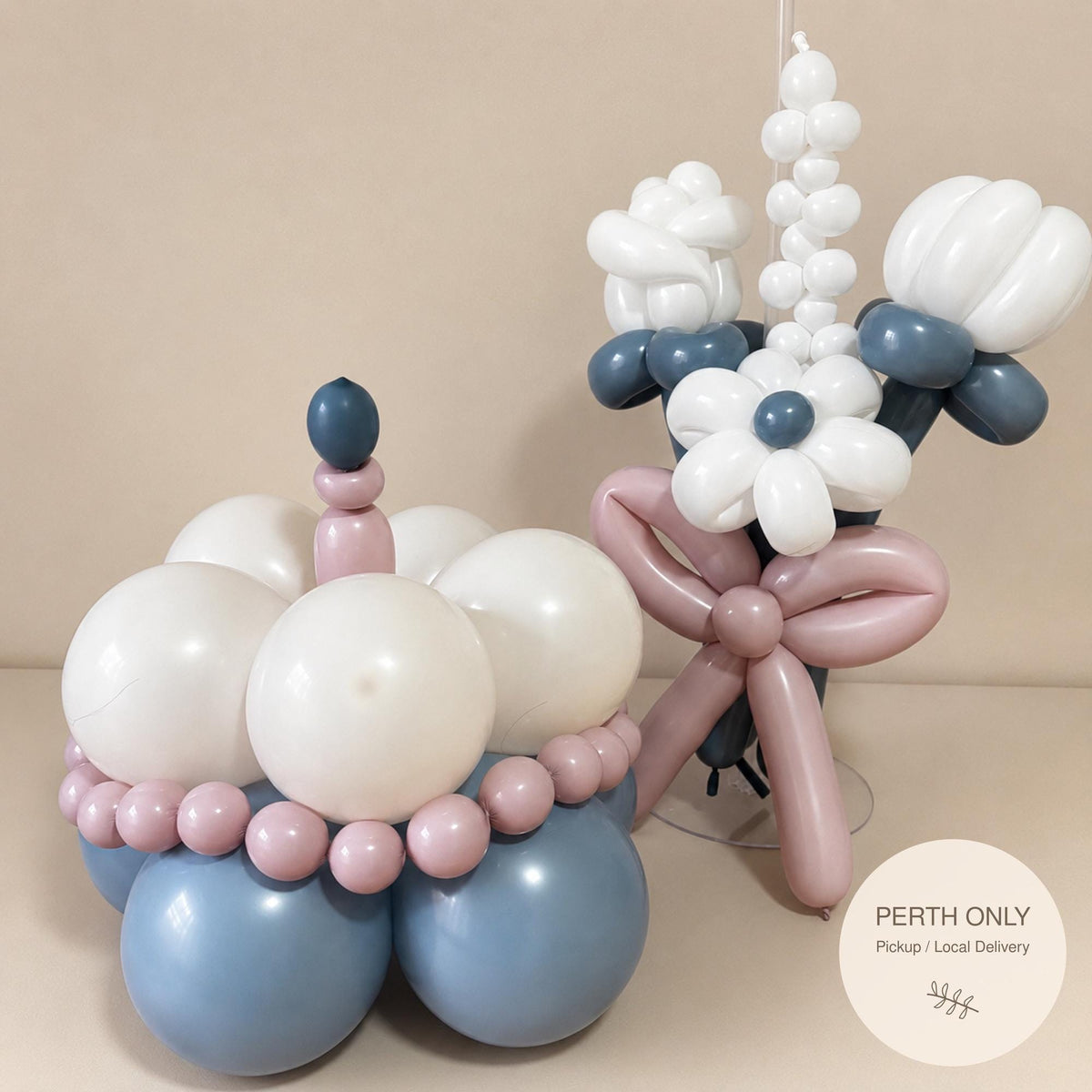 Handmade Retro Balloon Cake & Bouquet | Blue Pink White Birthday Party Decor | Personalised Balloon Gift (Perth)