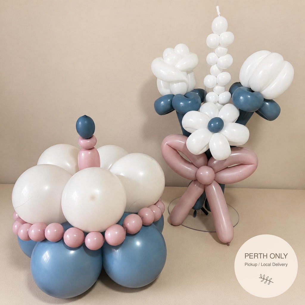 Handmade Retro Balloon Cake & Bouquet | Blue Pink White Birthday Party Decor | Personalised Balloon Gift (Perth)